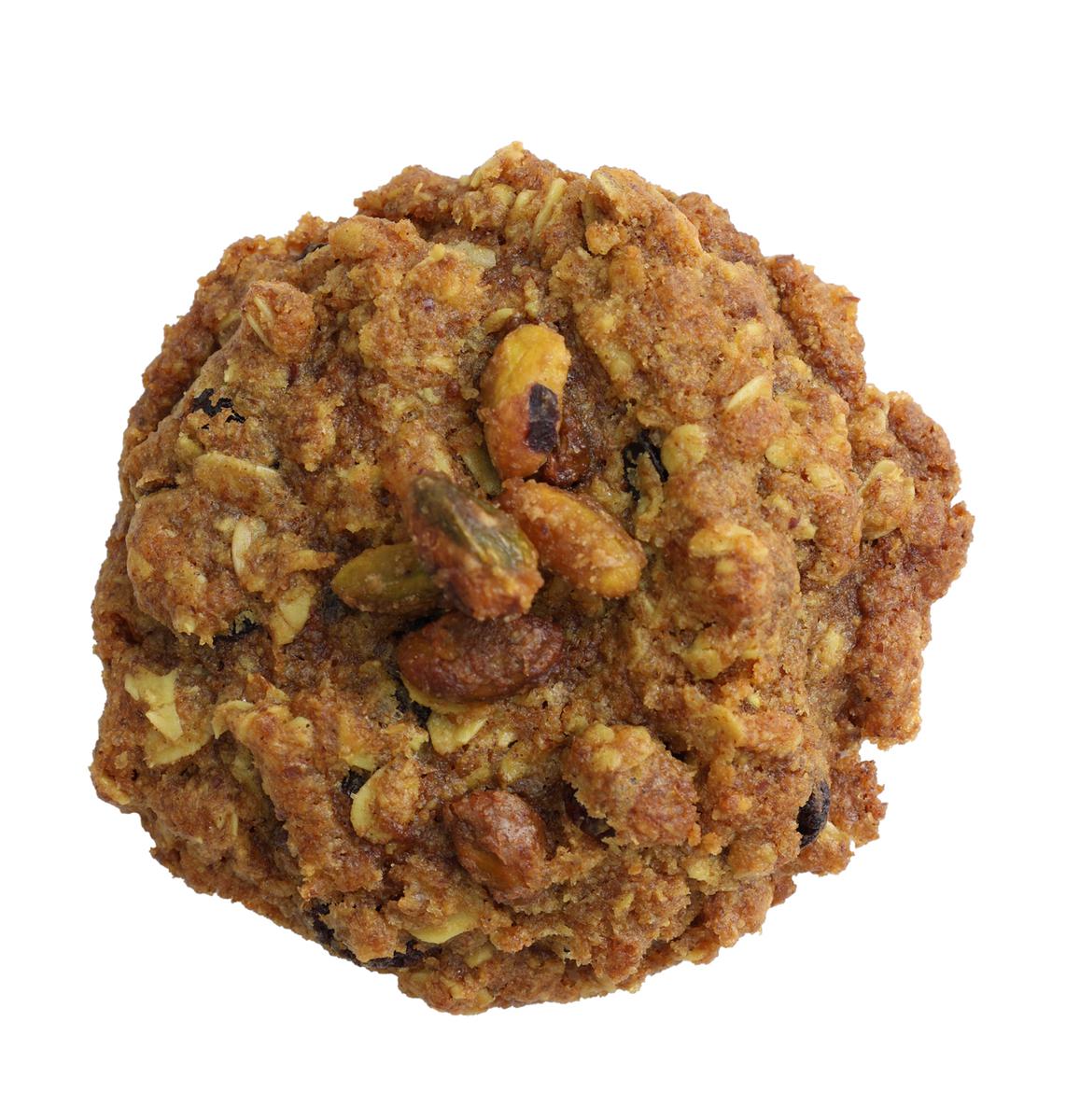 Vegan oatmeal cookie with candied pistachios and cardamom